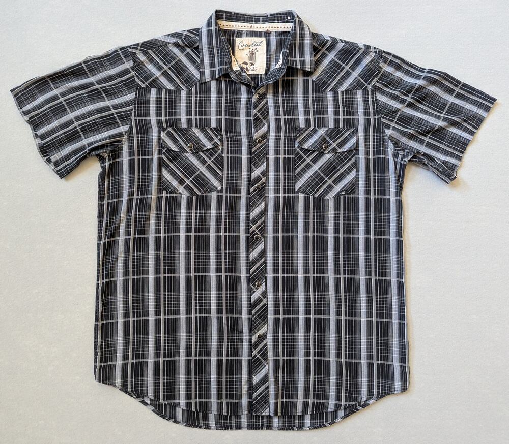 Coastal Mens Western Shirt XXL Black Gray Plaid Snap Button Short Sleeve